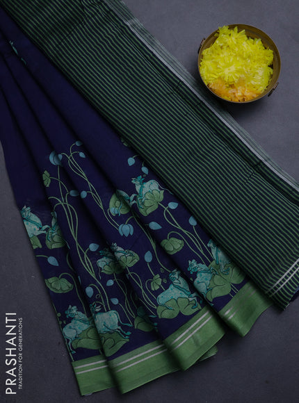 Chanderi silk cotton saree navy blue and green with pichwai prints and woven border
