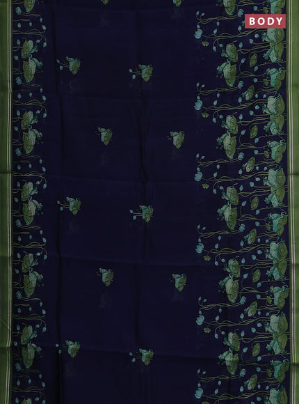 Chanderi silk cotton saree navy blue and green with pichwai prints and woven border