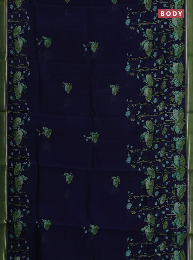 Chanderi silk cotton saree navy blue and green with pichwai prints and woven border