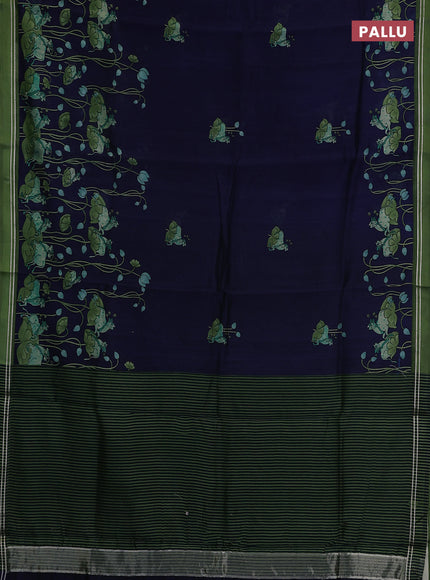 Chanderi silk cotton saree navy blue and green with pichwai prints and woven border