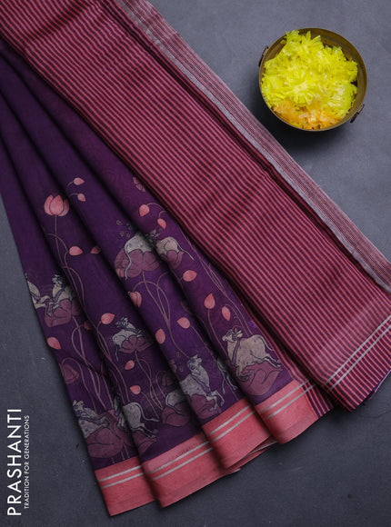 Chanderi silk cotton saree purple and peach with pichwai prints and woven border