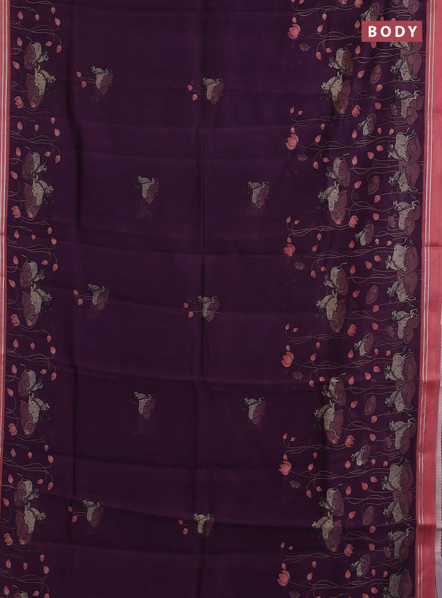 Chanderi silk cotton saree purple and peach with pichwai prints and woven border