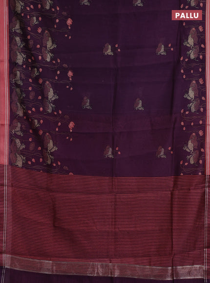 Chanderi silk cotton saree purple and peach with pichwai prints and woven border