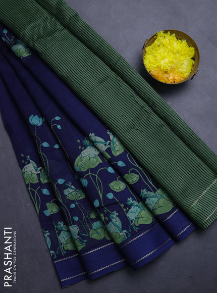 Chanderi silk cotton saree navy blue with pichwai prints and woven border