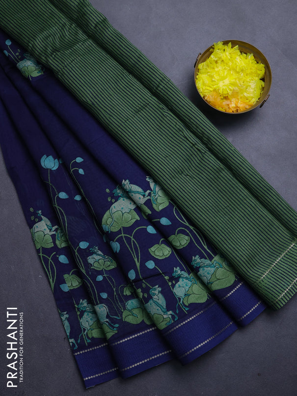 Chanderi silk cotton saree navy blue with pichwai prints and woven border