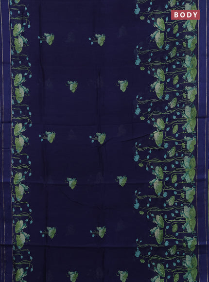 Chanderi silk cotton saree navy blue with pichwai prints and woven border