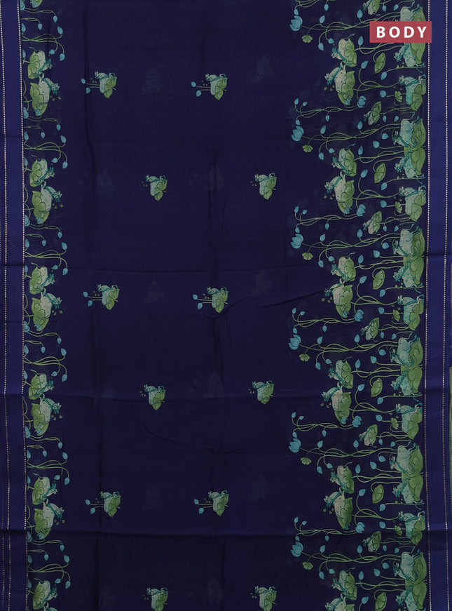 Chanderi silk cotton saree navy blue with pichwai prints and woven border