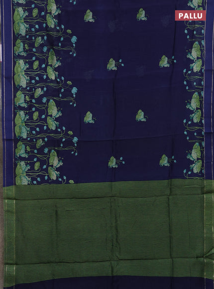Chanderi silk cotton saree navy blue with pichwai prints and woven border