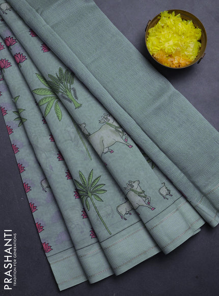 Chanderi silk cotton saree light turquoise with allover pichwai prints and woven border