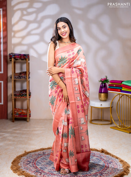 Chanderi silk cotton saree peach shade with allover pichwai prints and woven border