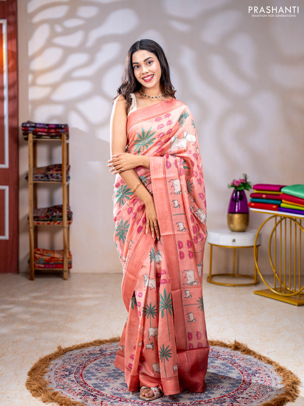 Chanderi silk cotton saree peach shade with allover pichwai prints and woven border