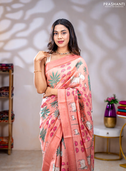 Chanderi silk cotton saree peach shade with allover pichwai prints and woven border