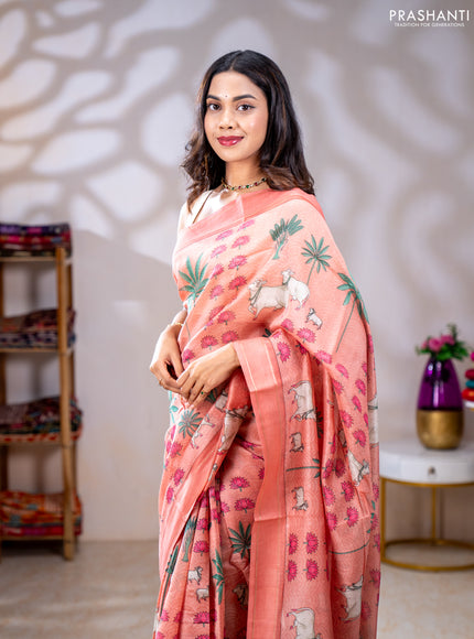 Chanderi silk cotton saree peach shade with allover pichwai prints and woven border