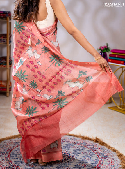 Chanderi silk cotton saree peach shade with allover pichwai prints and woven border