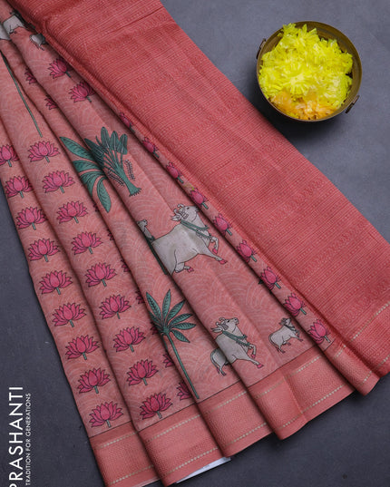 Chanderi silk cotton saree peach shade with allover pichwai prints and woven border
