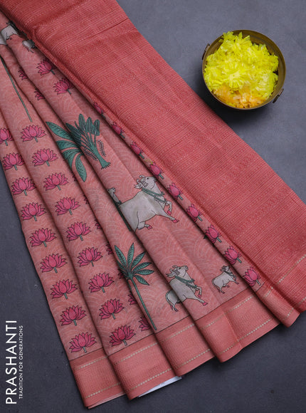 Chanderi silk cotton saree peach shade with allover pichwai prints and woven border