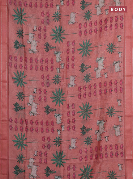 Chanderi silk cotton saree peach shade with allover pichwai prints and woven border