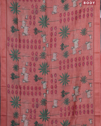 Chanderi silk cotton saree peach shade with allover pichwai prints and woven border