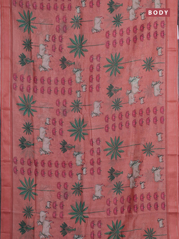 Chanderi silk cotton saree peach shade with allover pichwai prints and woven border