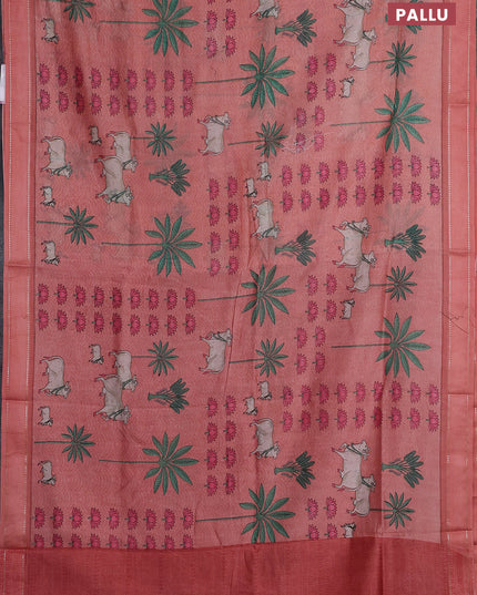 Chanderi silk cotton saree peach shade with allover pichwai prints and woven border