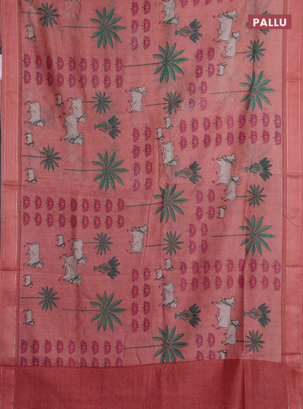Chanderi silk cotton saree peach shade with allover pichwai prints and woven border