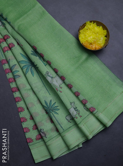 Chanderi silk cotton saree pista green with allover pichwai prints and woven border