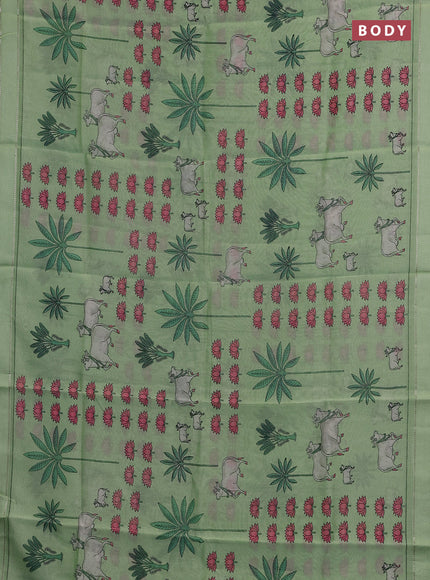 Chanderi silk cotton saree pista green with allover pichwai prints and woven border