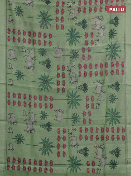 Chanderi silk cotton saree pista green with allover pichwai prints and woven border