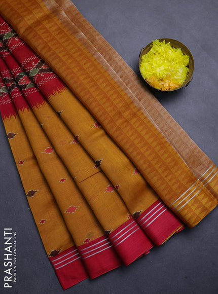 Chanderi silk cotton saree mustard and red with allover ikat buttas and woven border