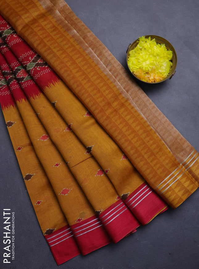 Chanderi silk cotton saree mustard and red with allover ikat buttas and woven border