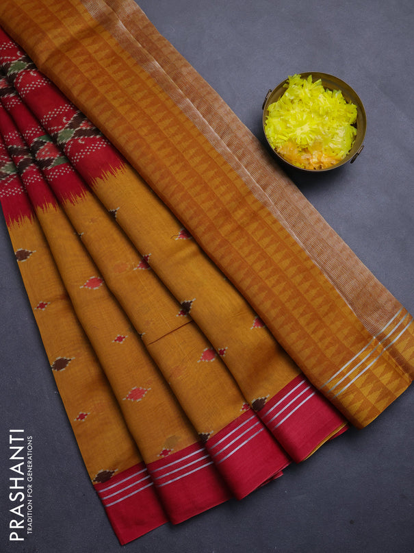 Chanderi silk cotton saree mustard and red with allover ikat buttas and woven border