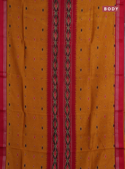 Chanderi silk cotton saree mustard and red with allover ikat buttas and woven border