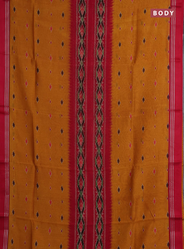 Chanderi silk cotton saree mustard and red with allover ikat buttas and woven border