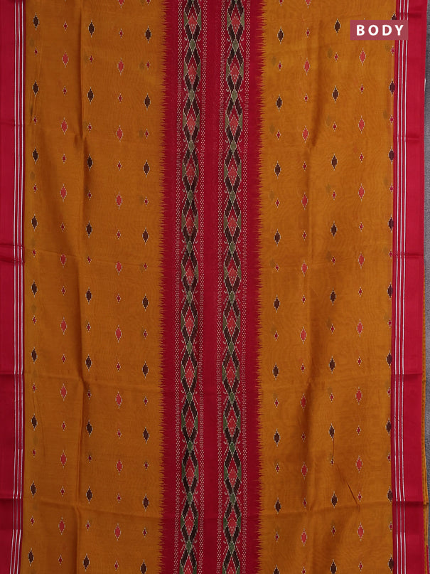 Chanderi silk cotton saree mustard and red with allover ikat buttas and woven border