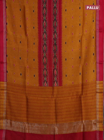 Chanderi silk cotton saree mustard and red with allover ikat buttas and woven border