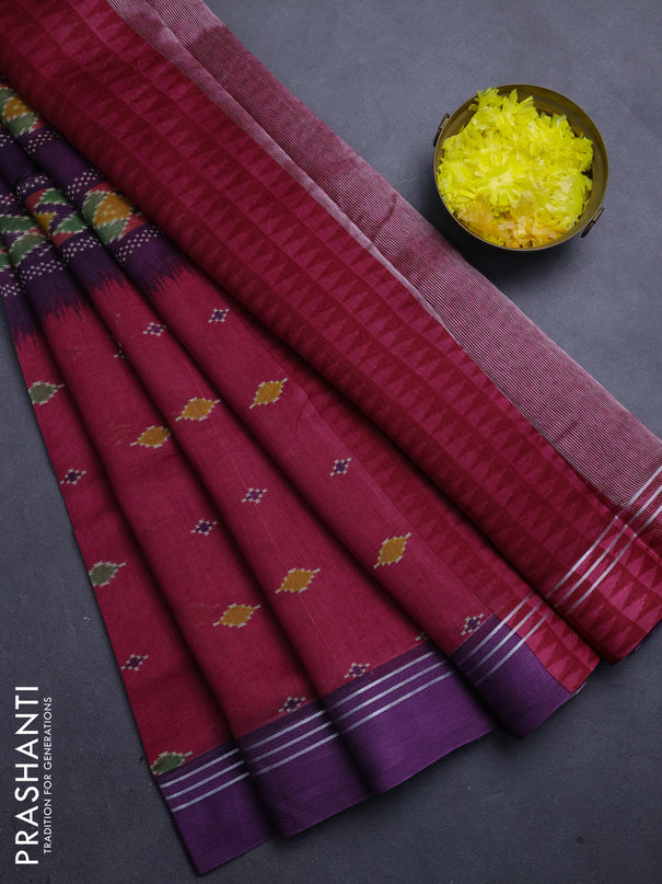 Chanderi silk cotton saree dark pink and purple with allover ikat buttas and woven border