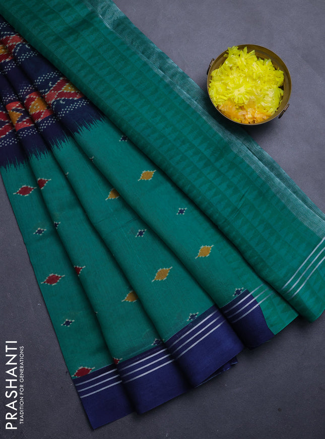 Chanderi silk cotton saree teal green and navy blue with allover ikat buttas and woven border