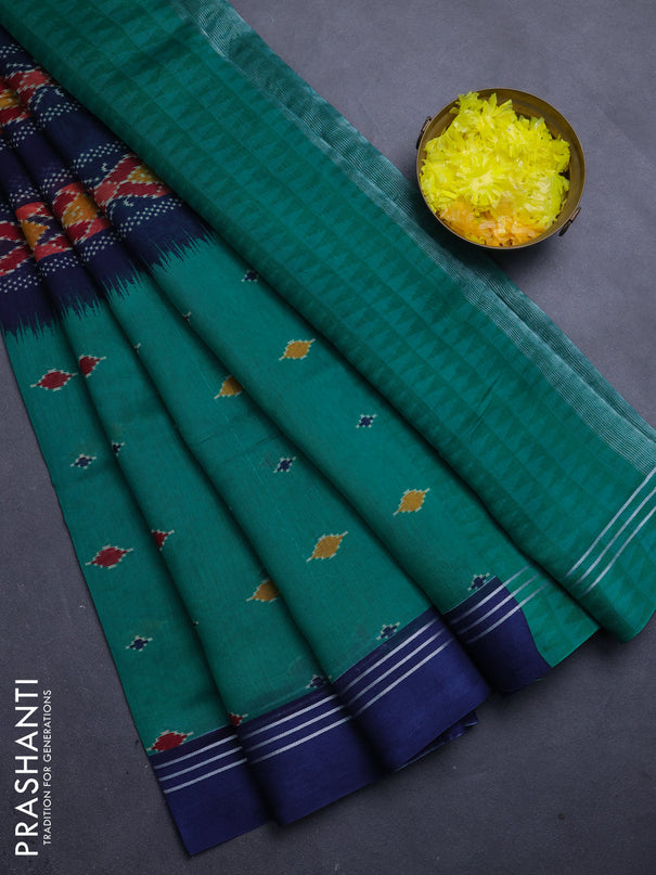 Chanderi silk cotton saree teal green and navy blue with allover ikat buttas and woven border