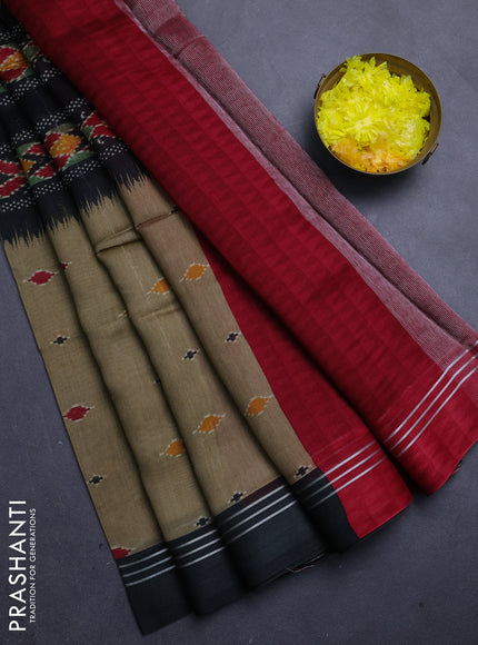 Chanderi silk cotton saree mehendi green and black with allover ikat buttas and woven border