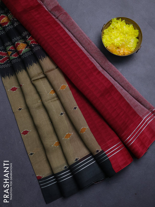 Chanderi silk cotton saree mehendi green and black with allover ikat buttas and woven border