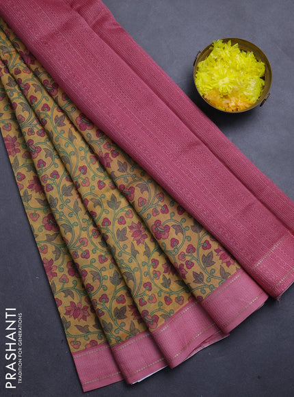 Chanderi silk cotton saree mustard and pink with allover kalamkari prints and woven border