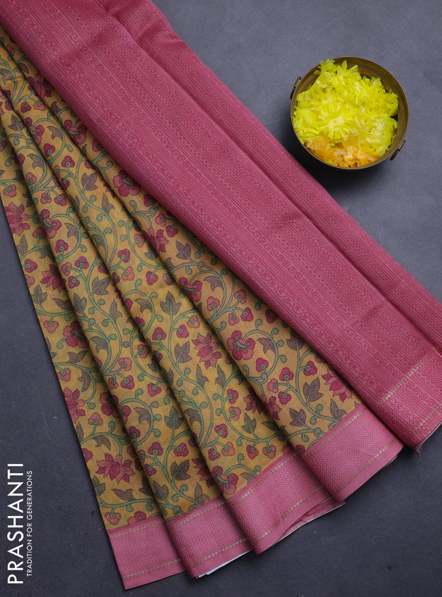 Chanderi silk cotton saree mustard and pink with allover kalamkari prints and woven border