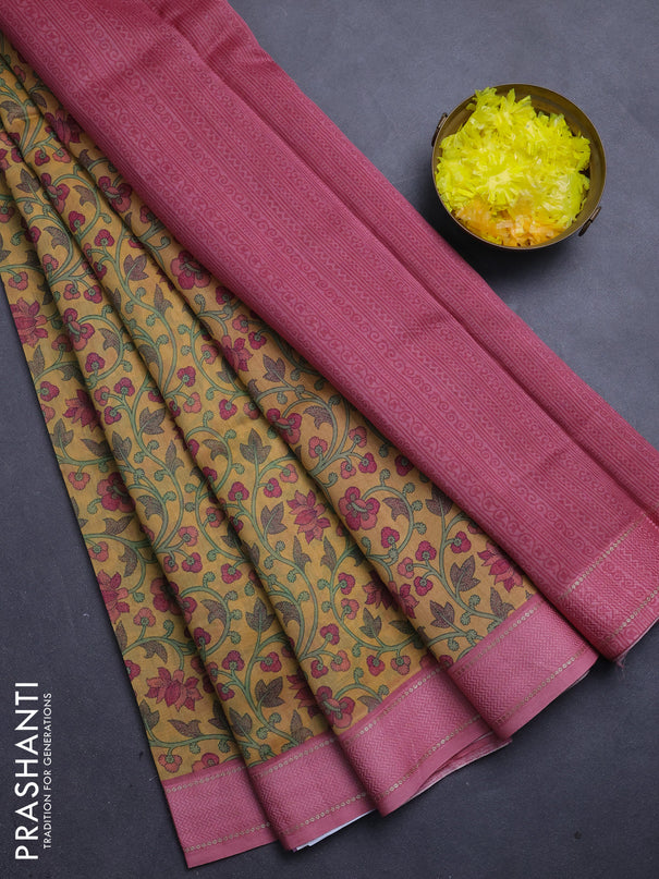 Chanderi silk cotton saree mustard and pink with allover kalamkari prints and woven border