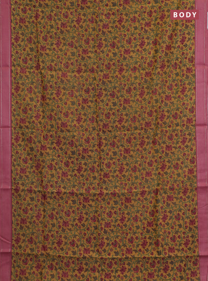Chanderi silk cotton saree mustard and pink with allover kalamkari prints and woven border