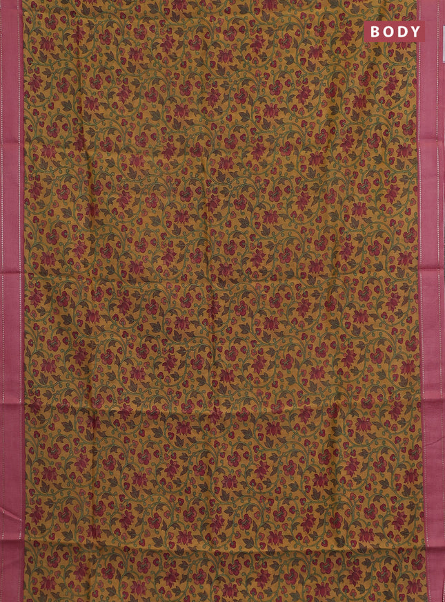 Chanderi silk cotton saree mustard and pink with allover kalamkari prints and woven border