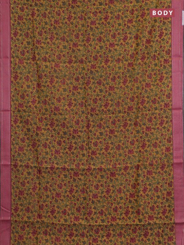 Chanderi silk cotton saree mustard and pink with allover kalamkari prints and woven border