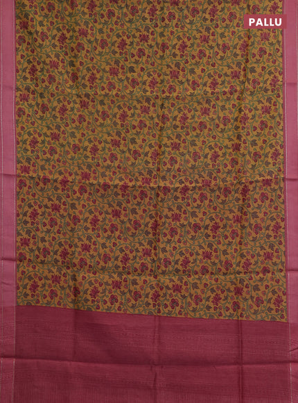 Chanderi silk cotton saree mustard and pink with allover kalamkari prints and woven border