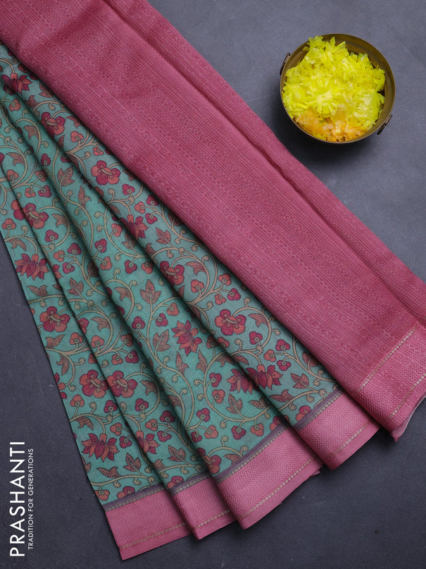 Chanderi silk cotton saree green and pink with allover kalamkari prints and woven border