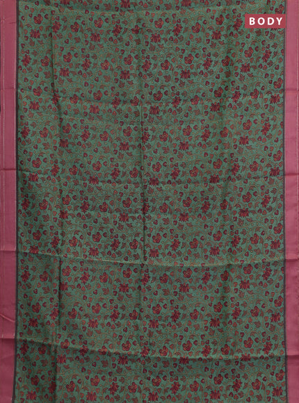 Chanderi silk cotton saree green and pink with allover kalamkari prints and woven border
