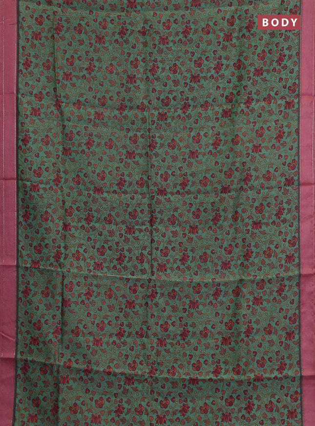 Chanderi silk cotton saree green and pink with allover kalamkari prints and woven border